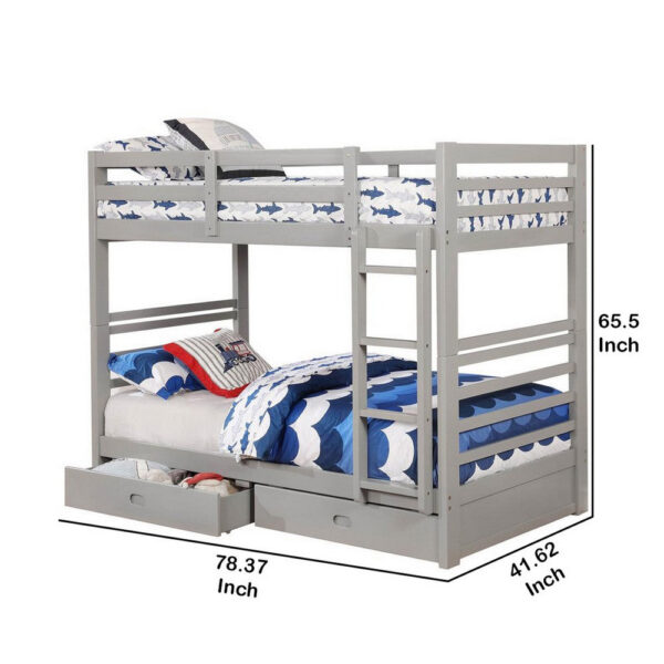 Transitional Twin Over Twin Bed with Attached Ladder and Drawers, Gray