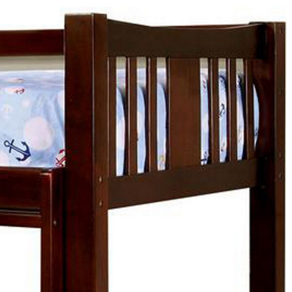 Slatted Twin Over Twin Bunk Bed with Attached Ladder, Espresso Brown