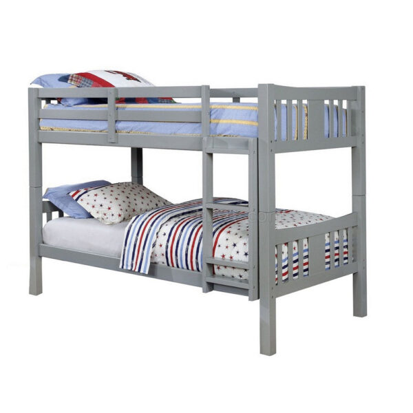 Slatted Twin Over Twin Bunk Bed with Attached Ladder, Gray