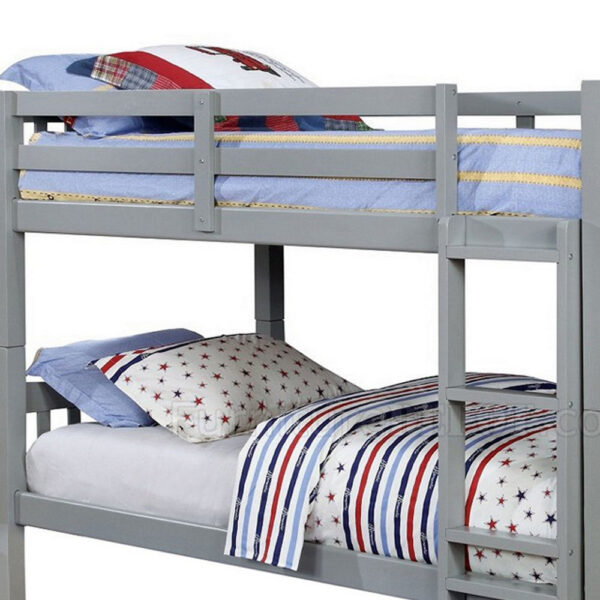 Slatted Twin Over Twin Bunk Bed with Attached Ladder, Gray