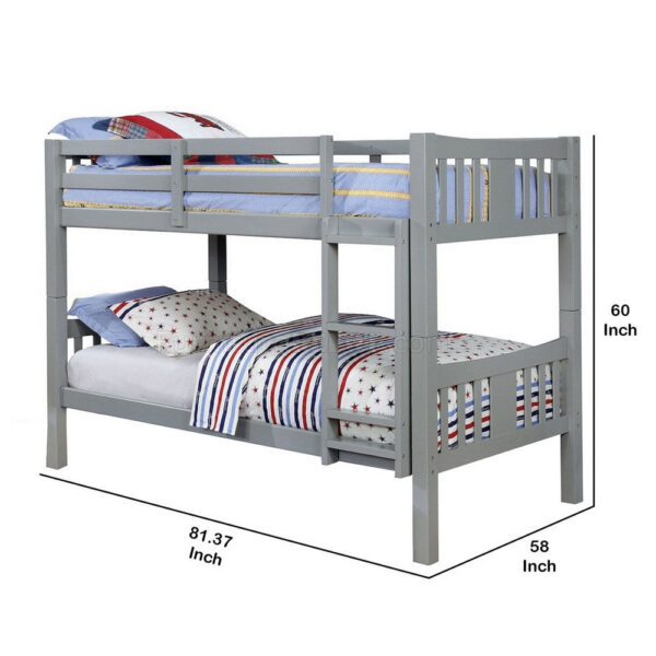 Slatted Twin Over Twin Bunk Bed with Attached Ladder, Gray