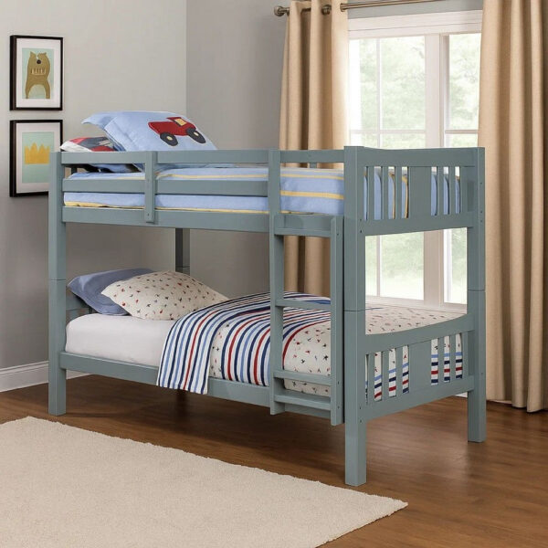 Slatted Twin Over Twin Bunk Bed with Attached Ladder, Gray
