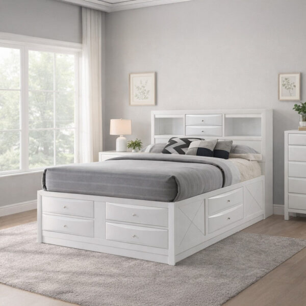Eight Drawer Full Size Storage Bed with Bookcase Headboard, White