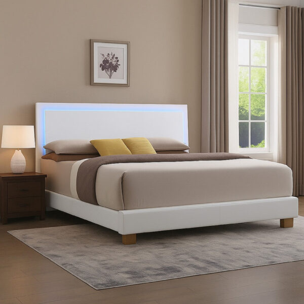 Leatherette Eastern King Bed with LED Panel Headboard and Chrome Legs,White