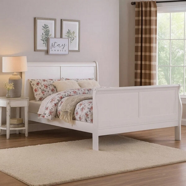 150220266991339c11bc9.jpeg Transitional Panel Design Sleigh Eastern King Size Bed, White