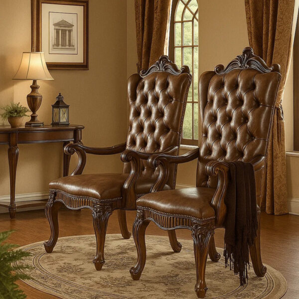 15022026699133ce99045.jpeg Wooden Arm Chair with Button Tufted Backrest and Carved Details, Set of 2, Brown