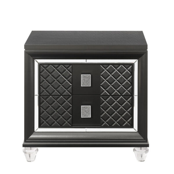 2 Drawer Wooden Nightstand with Mirror Accents and Diamond Pattern, Black