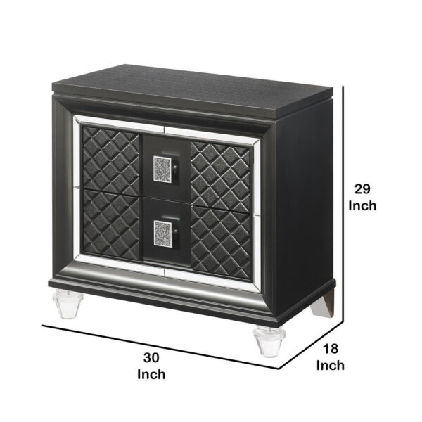 2 Drawer Wooden Nightstand with Mirror Accents and Diamond Pattern, Black