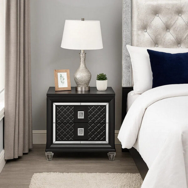 2 Drawer Wooden Nightstand with Mirror Accents and Diamond Pattern, Black