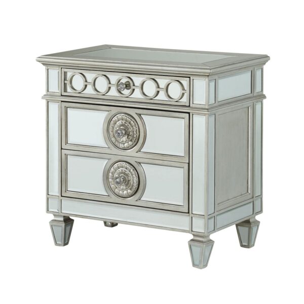 15022026699133fe5462f.jpeg Mirror Accented Wooden Nightstand with 3 Storage Drawers, Silver