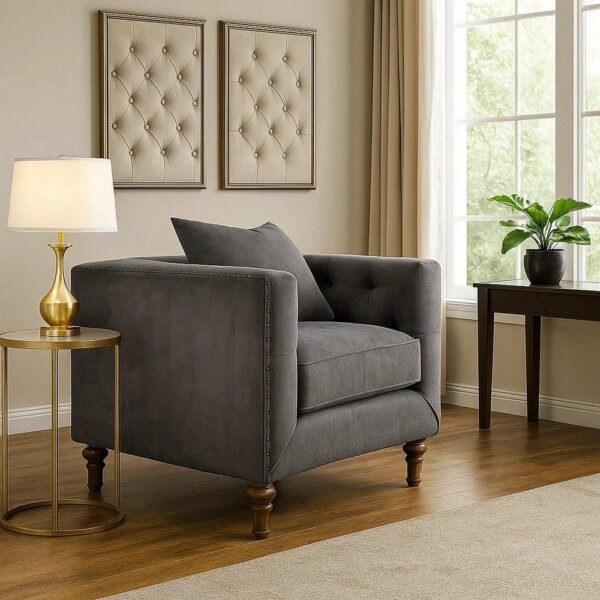 150220266991343d35b43.jpeg Fabric Upholstered Wooden Sofa Chair with Nail Head Trim, Gray