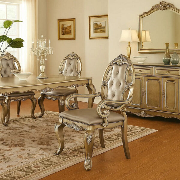 150220266991344975ded.jpeg Wood and Fabric Dining Chairs with Armrests, Set of 2, Brown and Champagne