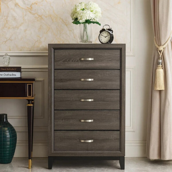 15022026699134be83487.jpeg 5 Drawer Wooden Chest with Grain Details and Chamfered Feet, Gray