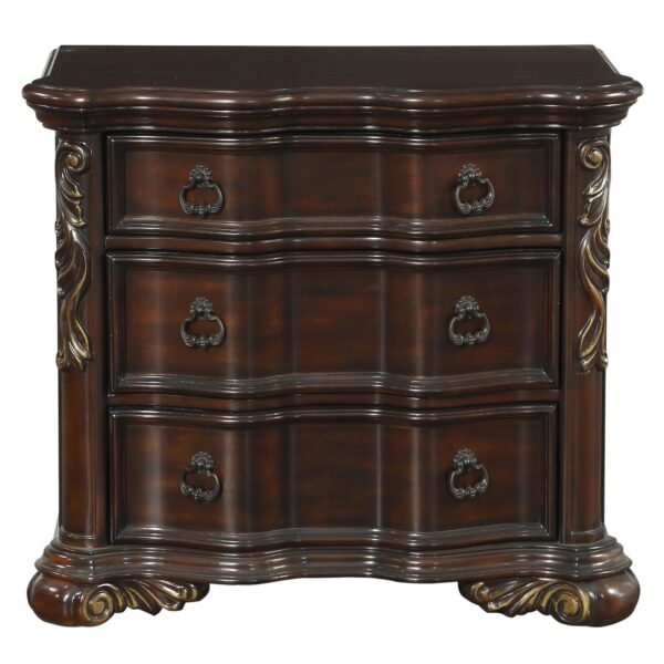 1502202669913529919d5.jpeg 3 Drawer Nightstand with Carved Pilaster and Bracket Feet, Cherry Brown