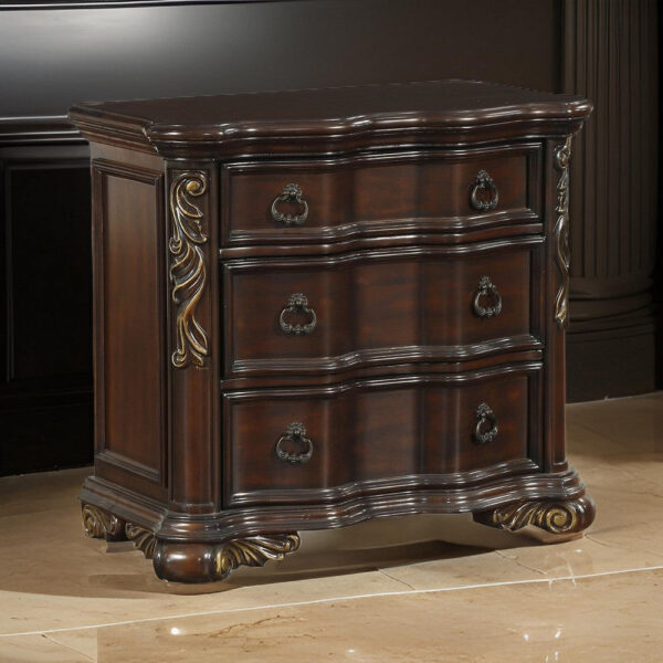 1502202669913532f092e.jpeg 3 Drawer Nightstand with Carved Pilaster and Bracket Feet, Cherry Brown