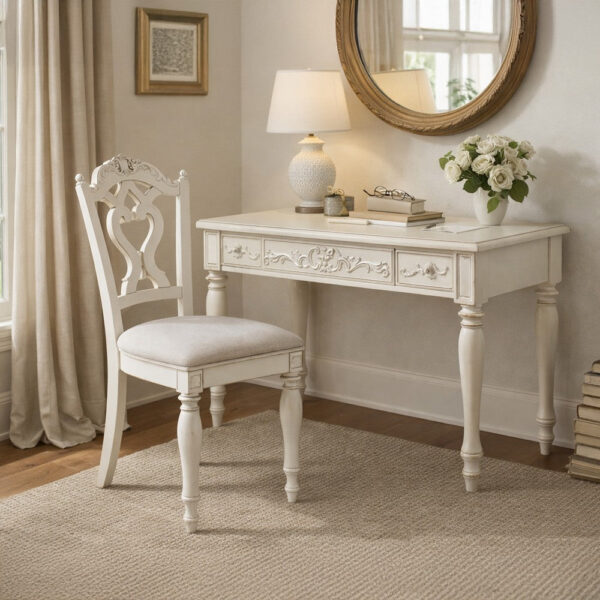 Victorian Style Writing Desk Chair with Engraved Backrest, Antique White