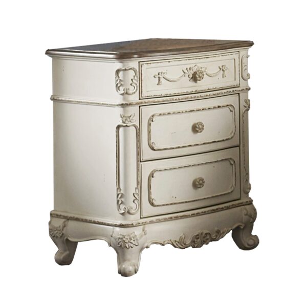 1502202669913792449e7.jpeg 3 Drawer Nightstand with Floral Motif Carving Details, Antique White and Brown
