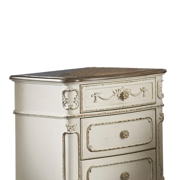 150220266991379cade8e.jpeg 3 Drawer Nightstand with Floral Motif Carving Details, Antique White and Brown