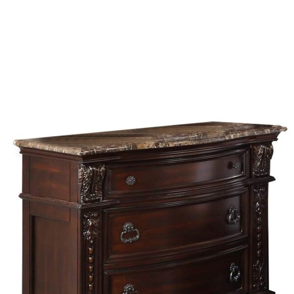 European Style Nightstand with 3 Drawers and Marble Top, Dark Cherry Brown