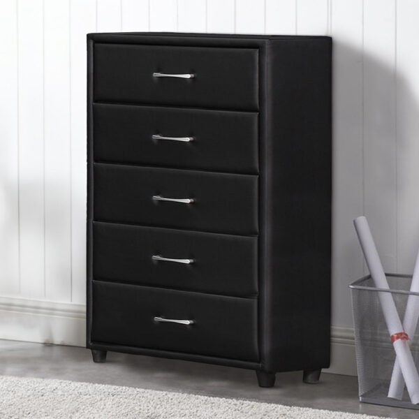 5 Drawer Leatherette Wooden Frame Chest with Tapered legs, Black