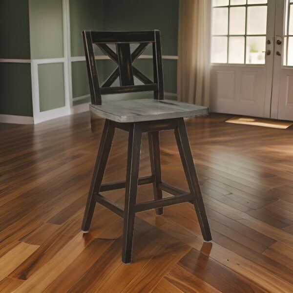 15022026699138670bfb5.jpeg Farmhouse Swivel Counter Height Chair with X Shaped Back, Set of 2, Antique Gray, Black