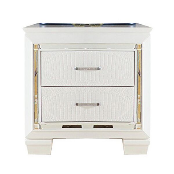 Contemporary Wooden Nightstand with 2 drawers and LED Lighting, White