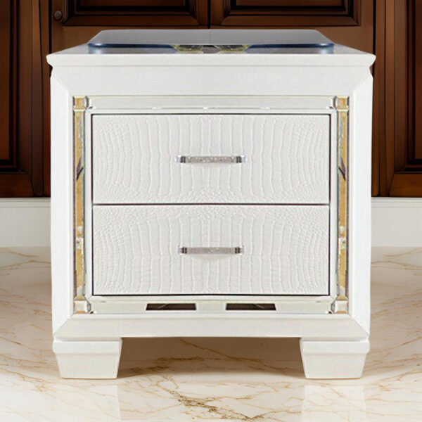 Contemporary Wooden Nightstand with 2 drawers and LED Lighting, White