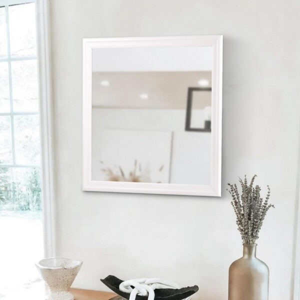 Transitional Square Mirror with Wooden Encasing and Convex Edges, White