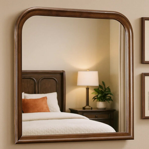 Arched Molded Design Wooden Frame Mirror, Cherry Brown and Silver