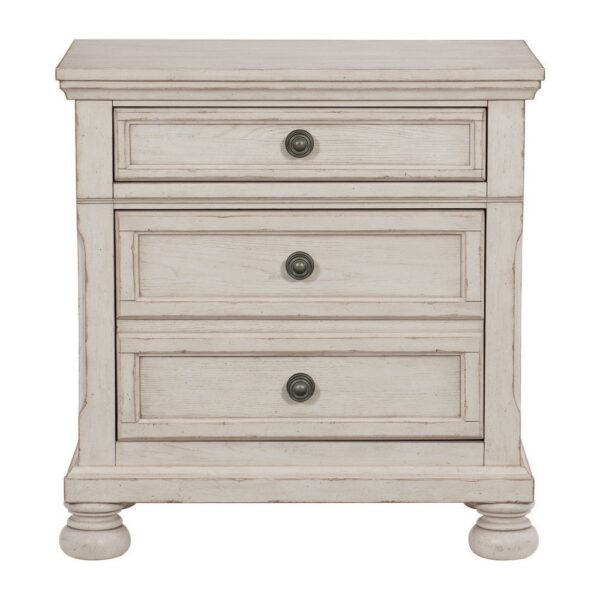 Cottage 2 Drawer Nightstand with Molded Details and Bun feet, Antique White