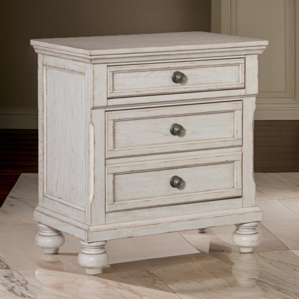 Cottage 2 Drawer Nightstand with Molded Details and Bun feet, Antique White