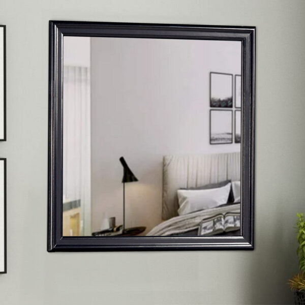 Wooden Frame Mirror with Mounting Hardware, Black and Silver