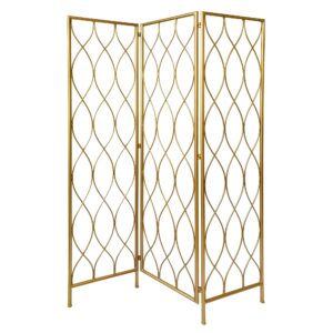 3 Panel Metal Frame Screen with Twisted Oval Design, Gold