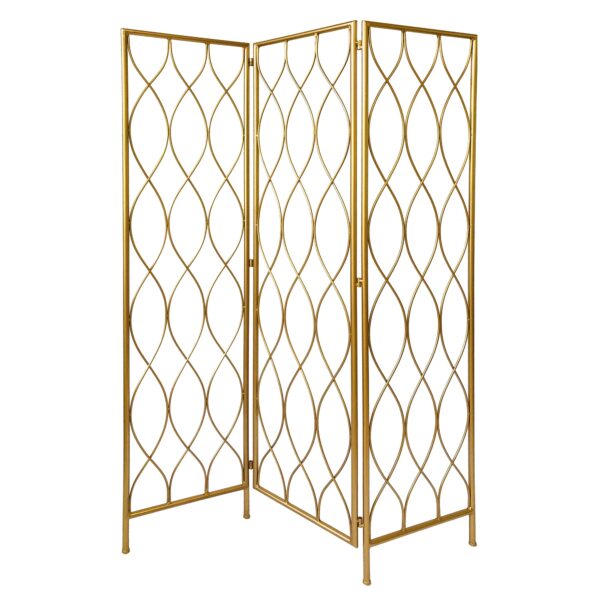 3 Panel Metal Frame Screen with Twisted Oval Design, Gold