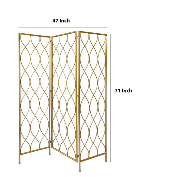 3 Panel Metal Frame Screen with Twisted Oval Design, Gold