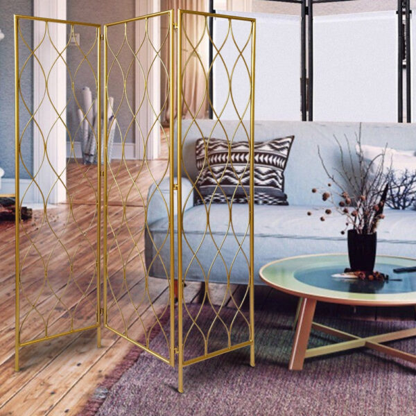 3 Panel Metal Frame Screen with Twisted Oval Design, Gold