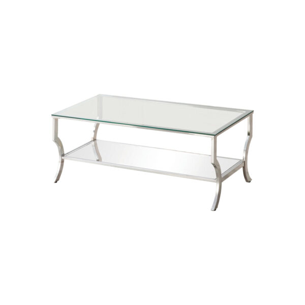 Glass Top Coffee Table with Metal Frame and Mirror Shelf, Chrome