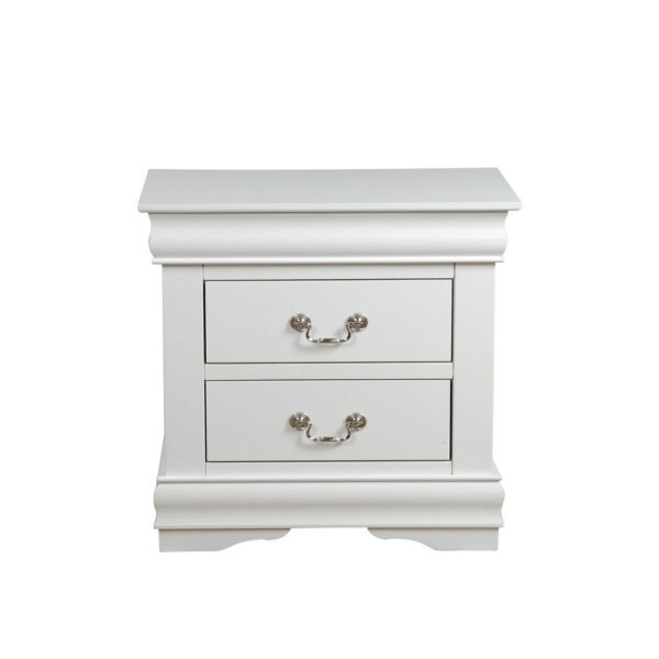 2 Drawer Wooden Nightstand with Metal Hanging Pulls and Bracket Feet, White