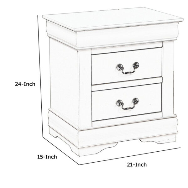 2 Drawer Wooden Nightstand with Metal Hanging Pulls and Bracket Feet, White