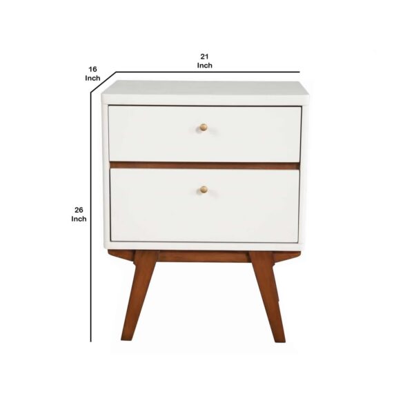 2 Drawer Wooden Nightstand with Angled Legs, White and Brown
