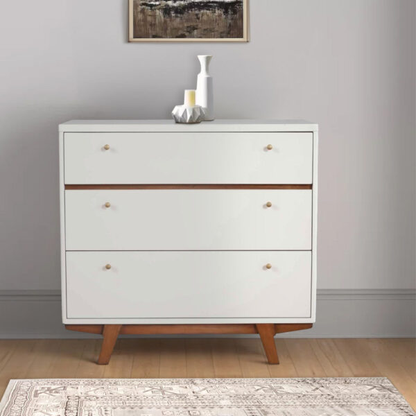 3 Drawer Wood Chest with Round Pulls and Angled Legs, Small,White and Brown