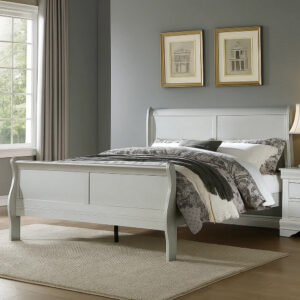 Sleigh Design Eastern King Bed with Rectangular Thin Legs, Silver