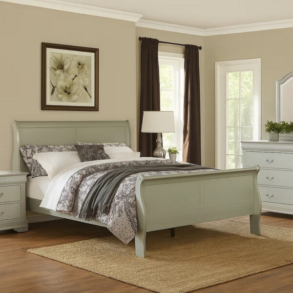 Sleigh Design Eastern King Bed with Rectangular Thin Legs, Silver