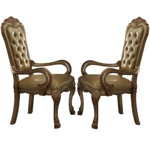 Leatherette Upholstered Arm Chair with Intricate Carvings, Set of 2, Gold