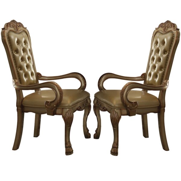 1502202669913fb456ade.jpeg Leatherette Upholstered Arm Chair with Intricate Carvings, Set of 2, Gold