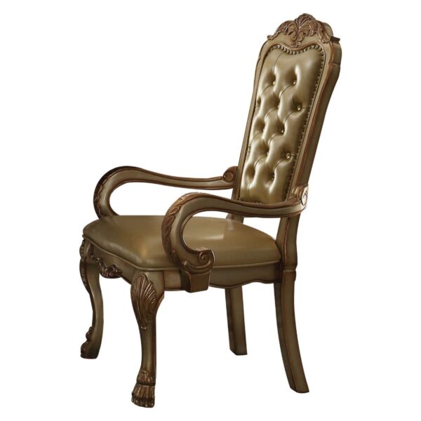 1502202669913fbbcccd5.jpeg Leatherette Upholstered Arm Chair with Intricate Carvings, Set of 2, Gold