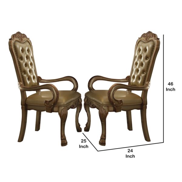 1502202669913fd048b0a.jpeg Leatherette Upholstered Arm Chair with Intricate Carvings, Set of 2, Gold