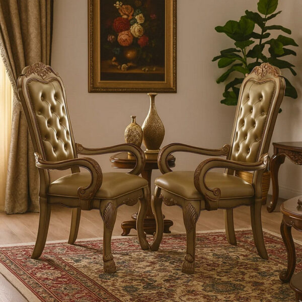 1502202669913fd95f805.jpeg Leatherette Upholstered Arm Chair with Intricate Carvings, Set of 2, Gold
