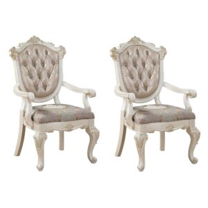 Wooden Arm Chair with Floral Patterned Padded Seat, Set of 2,White and Gold