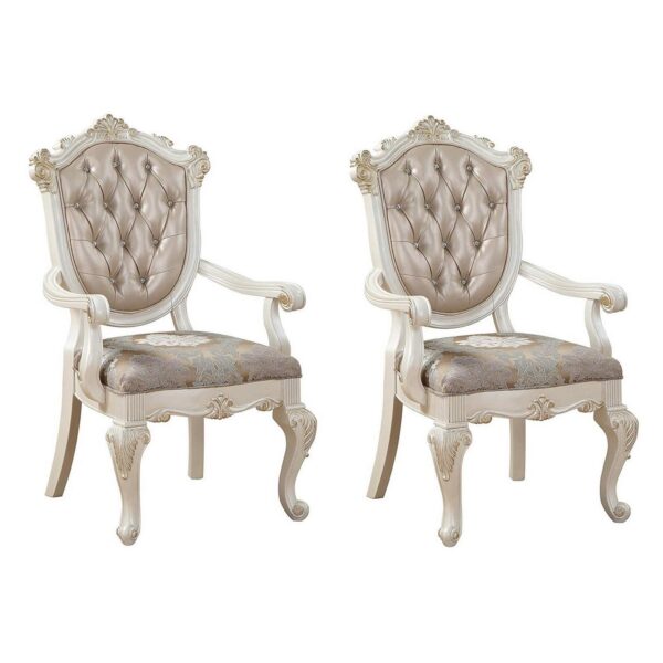 Wooden Arm Chair with Floral Patterned Padded Seat, Set of 2,White and Gold
